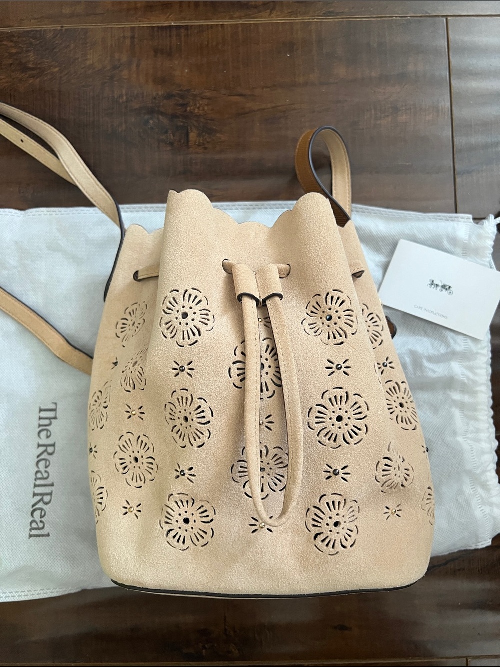 Coach Beige Suede Laser-Cut Drawstring Bucket Crossbody